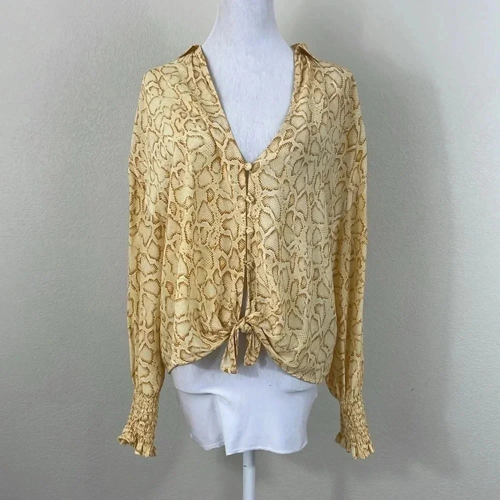 Faithfull the brand yellow‎ snake print tie front long sleeve blouse size 4